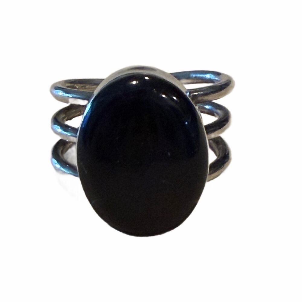 Vintage Sterling Signed Mexico Cabochon Black Onyx Adjustable Open Ring Sz 6.5